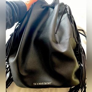 Victorias Secret Black Fringe Backpack Rucksack Cinch Bag Western Boho Biker